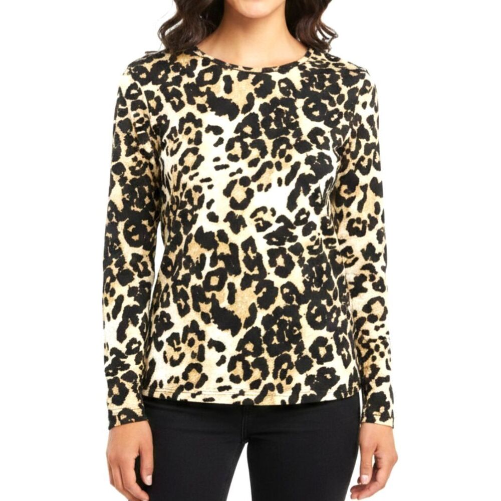 Gaze Long Sleeve Brown Leopard Print Mobwife Soft Stretch Knit Casual Top Small